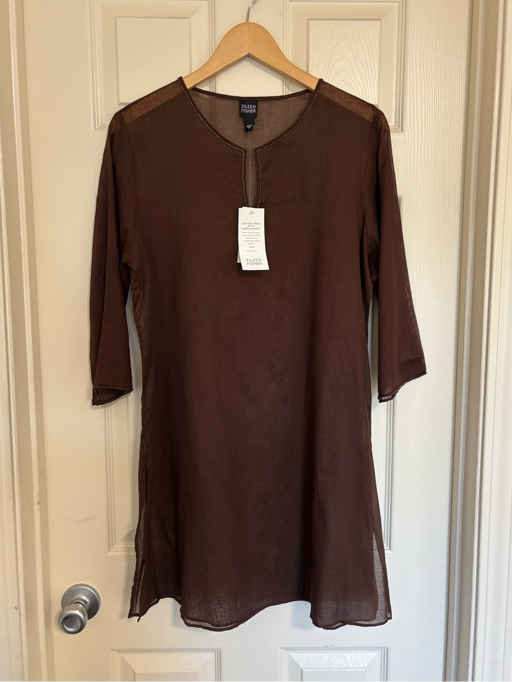 Eileen Fisher NWT Brown Cotton Voile Beaded Sheer Tunic Top M